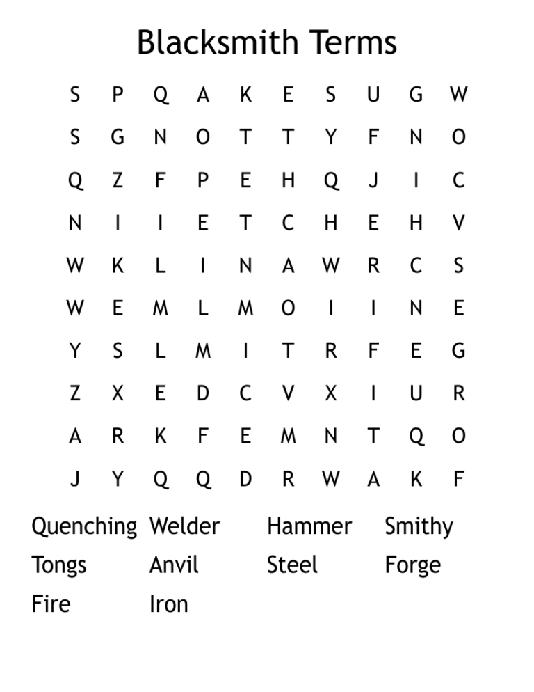 Blacksmith Terms Word Search WordMint