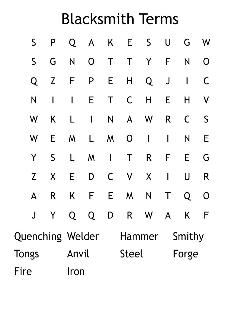 Blacksmith Terms Word Search WordMint Blacksmith Terms Word Search WordMint