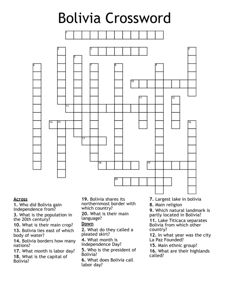 Bolivia Crossword WordMint