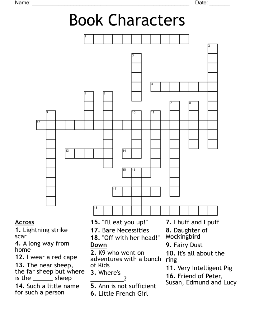 Book Characters Crossword WordMint Book Characters Crossword WordMint