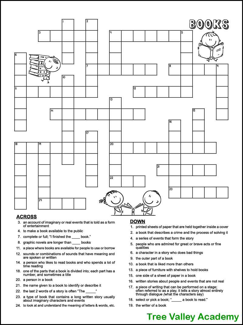Book Themed Crossword Puzzle For Kids Tree Valley Academy Worksheets Library