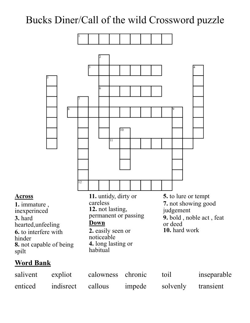Bucks Diner Call Of The Wild Crossword Puzzle WordMint