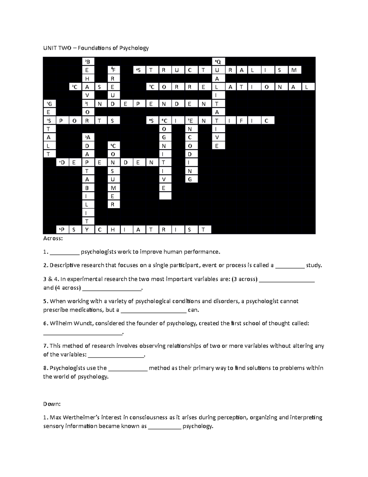 Psychology Crossword Puzzle
