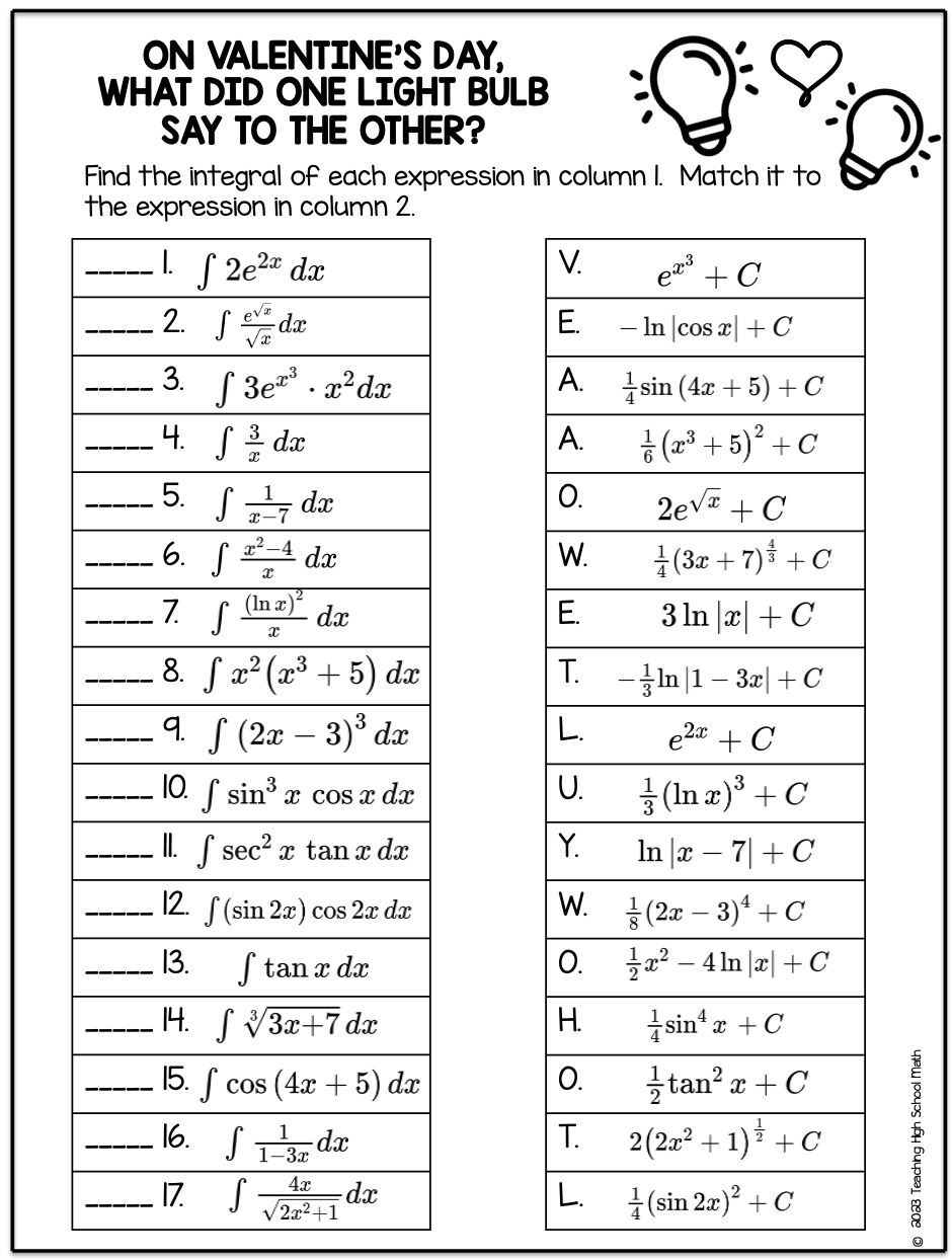 Calculus Derivative And Integral Of Natural Log And Exponential Valentine Puzzle Made By Teachers