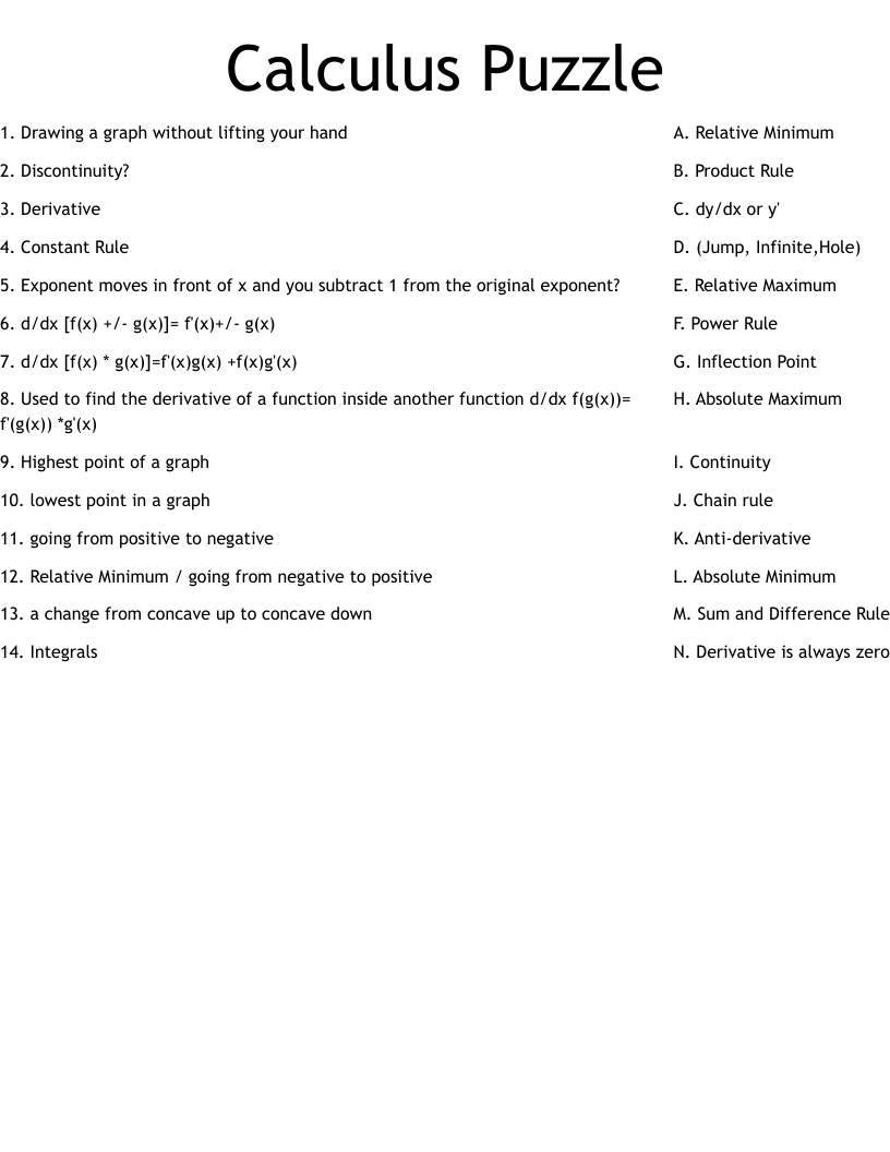 Calculus Puzzle Worksheet WordMint