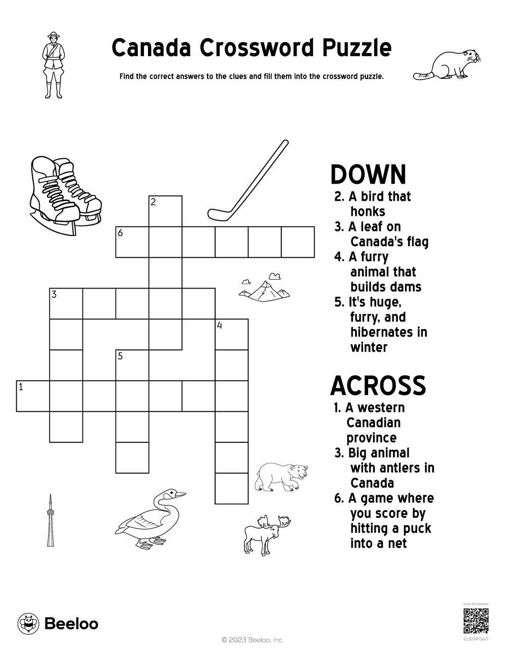 Canada Crossword Puzzle Beeloo Printable Crafts And Activities For Kids