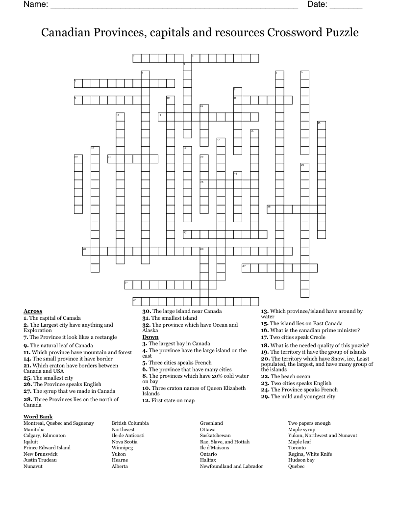Canadian Provinces Capitals And Resources Crossword Puzzle WordMint
