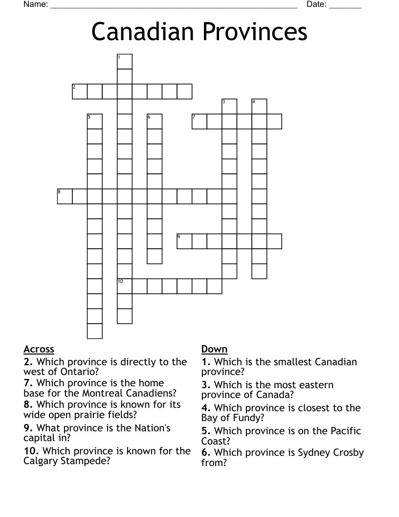 Canadian Provinces Crossword WordMint