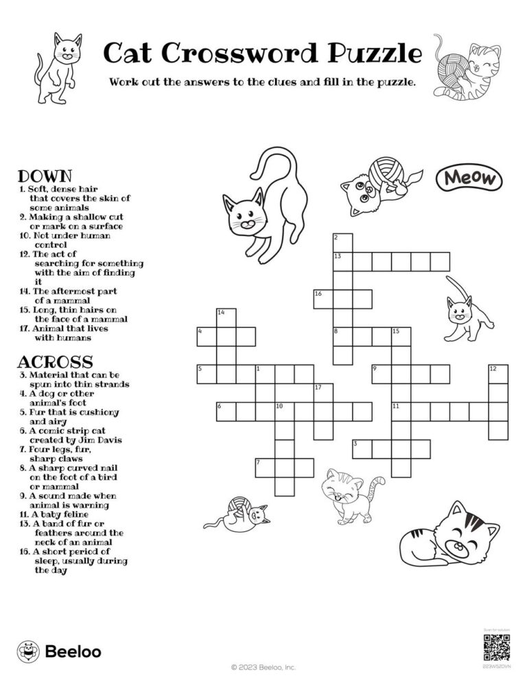 Cat themed Crossword Puzzles Beeloo Printable Crafts And