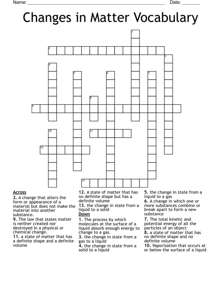 Changes In Matter Vocabulary Crossword WordMint