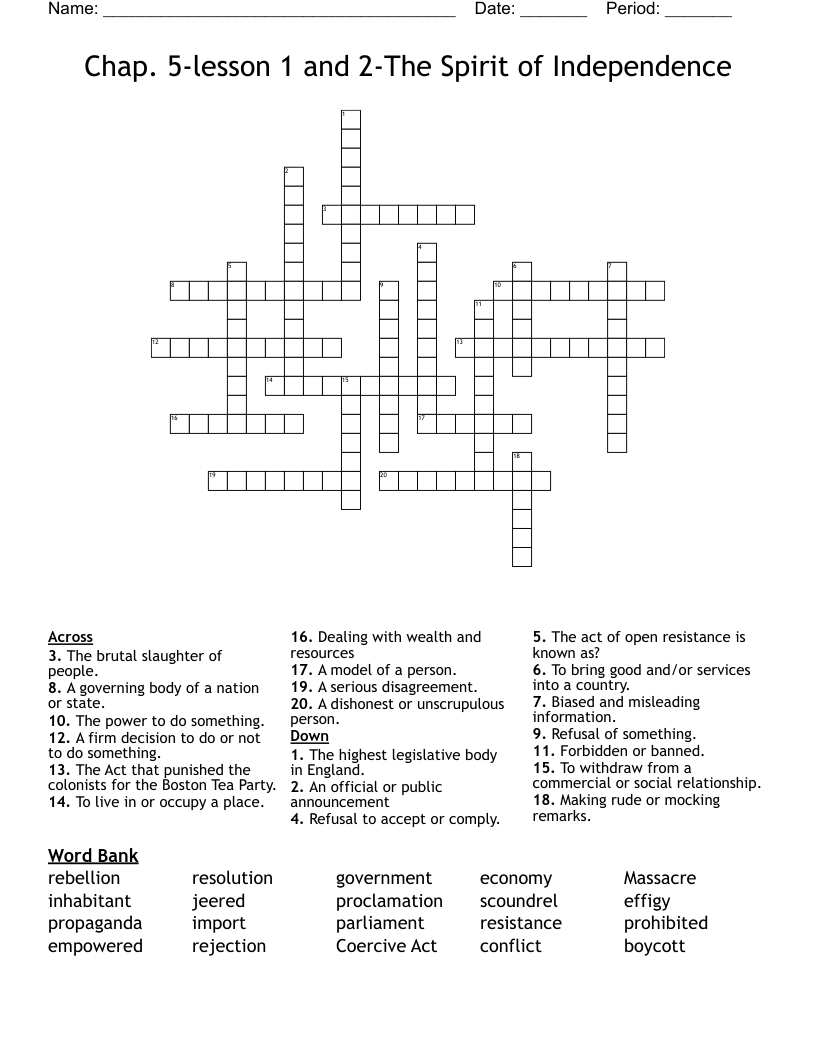 Chap 5 lesson 1 And 2 The Spirit Of Independence Crossword WordMint