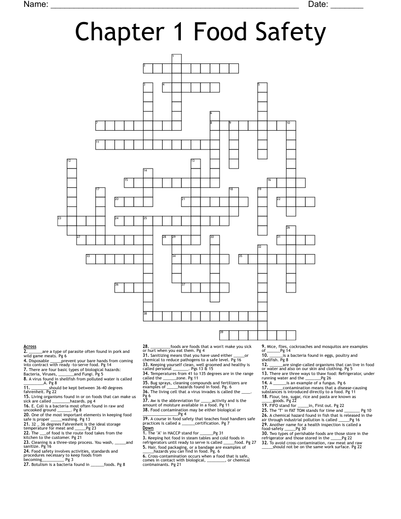 Food Safety Crossword Puzzle Answer Key