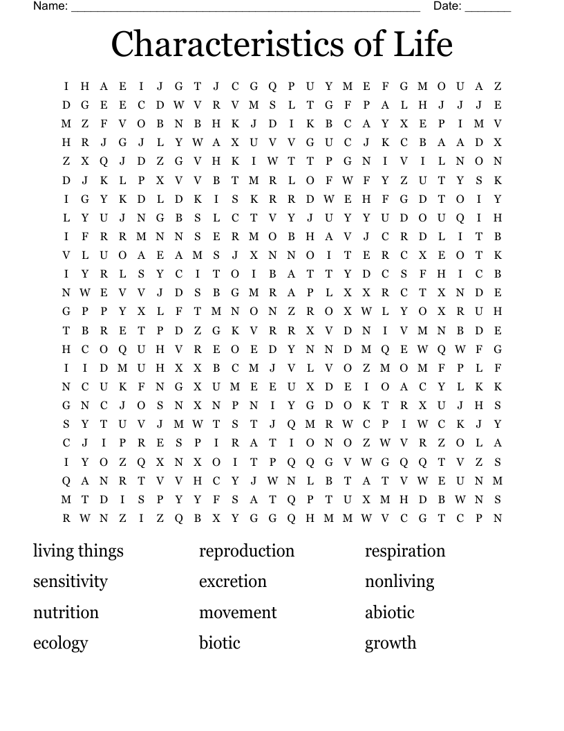 Characteristics Of Life Word Search WordMint