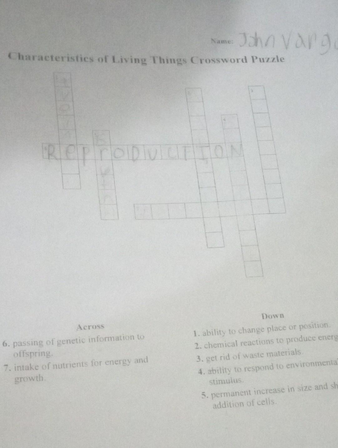 Characteristics Of Living Things Crossword Puzzle Chegg