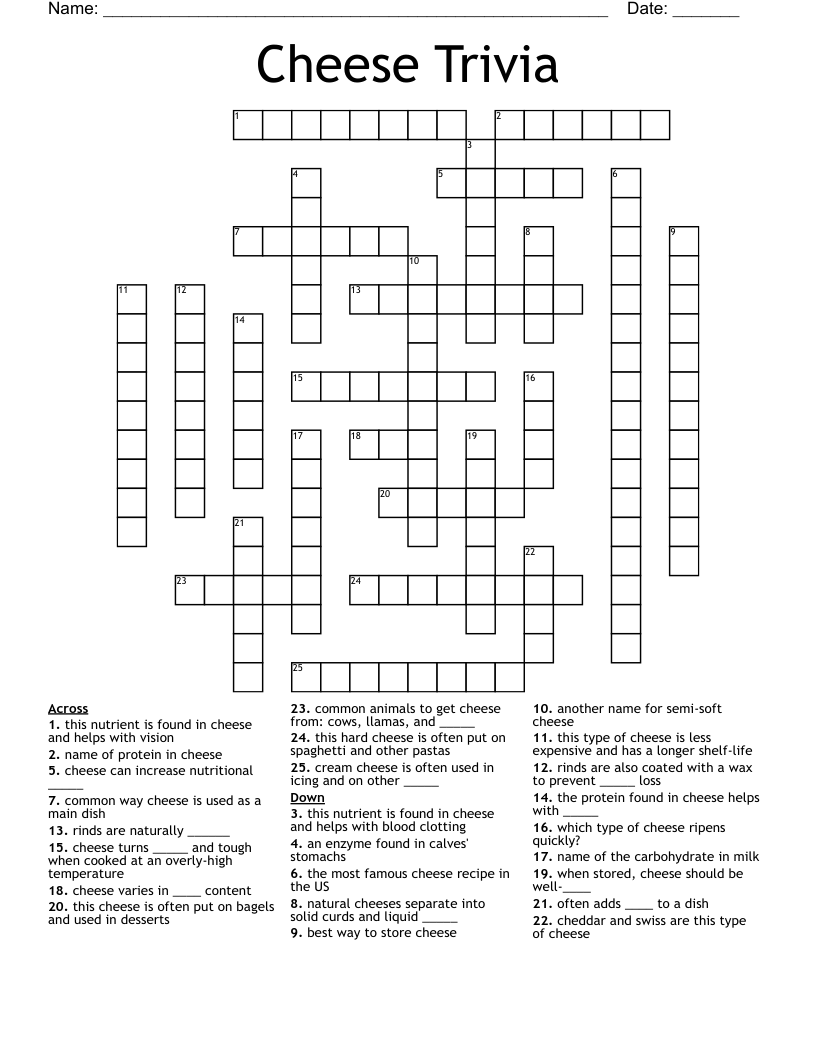 Cheese Trivia Crossword WordMint