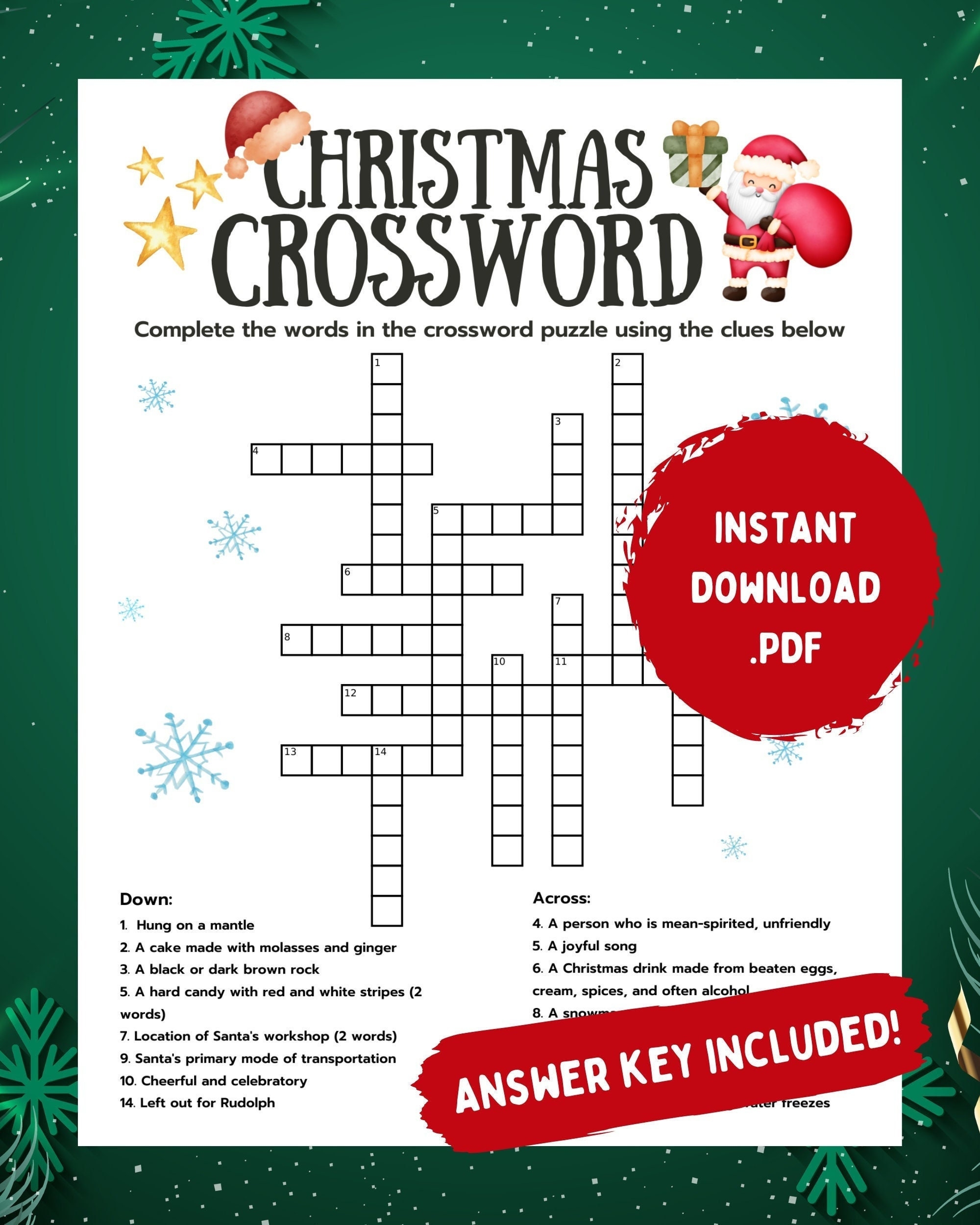 Christmas Crossword Crossword With Answer Key Printable Christmas Crossword Christmas Activities Printable Games Xmas Party Games Etsy