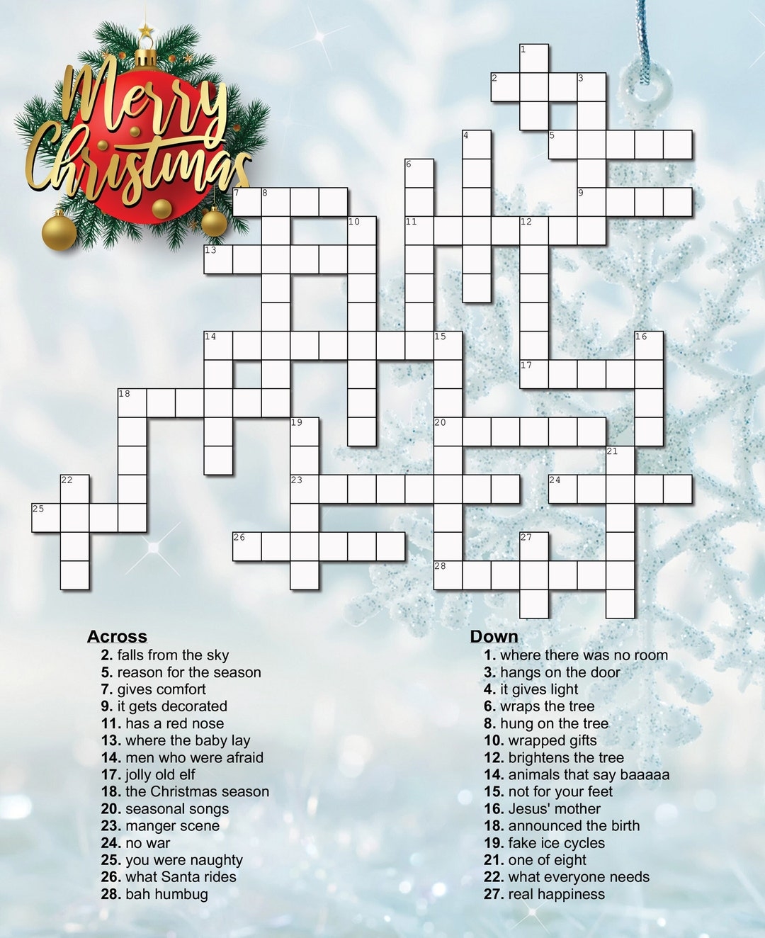 Christmas Carols Crossword Puzzle Printable