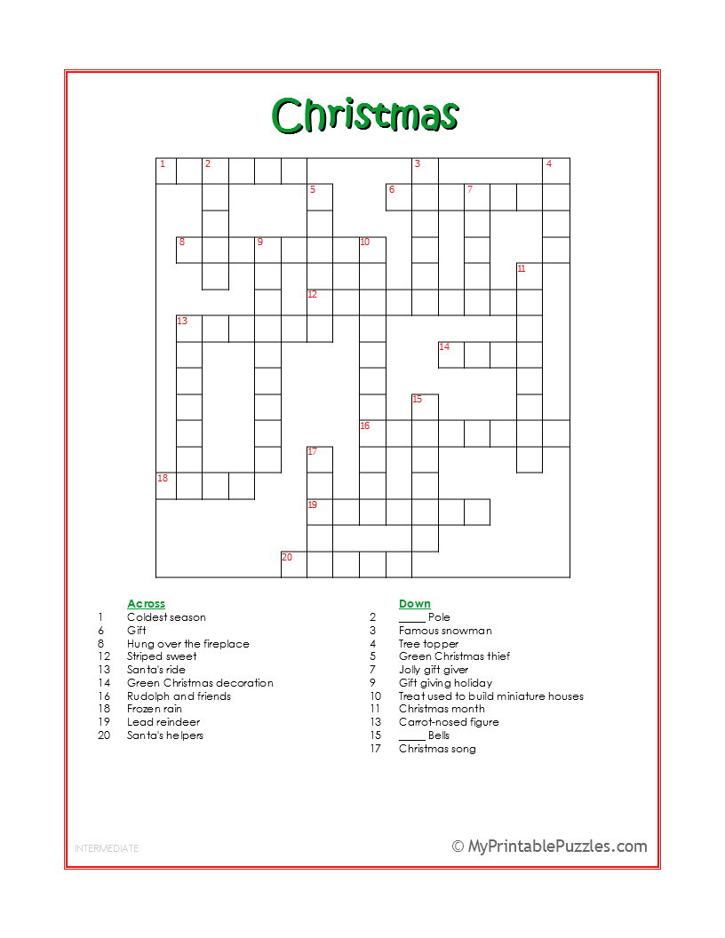 Christmas Crossword Puzzle Intermediate My Printable Puzzles Christmas Crossword Puzzle Intermediate My Printable Puzzles