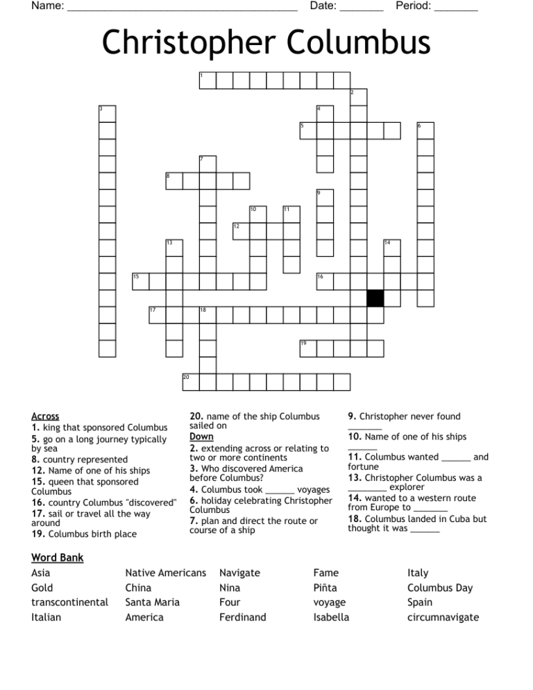 Christopher Columbus Crossword WordMint