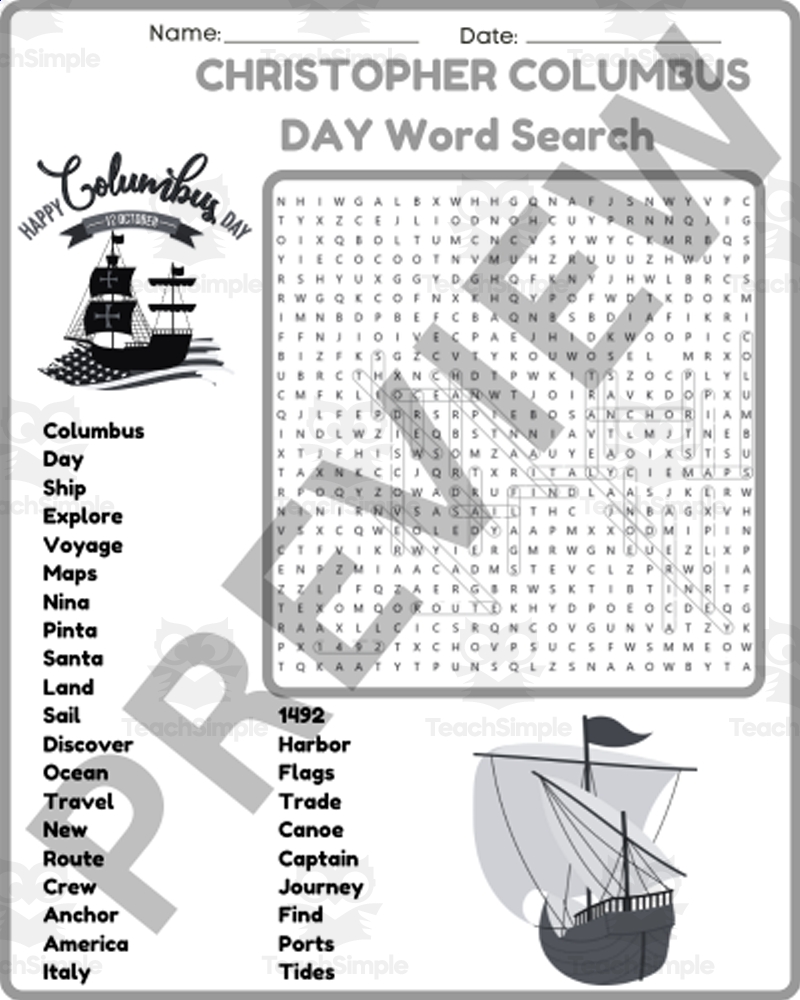 Christopher Columbus Crossword Puzzle Printable