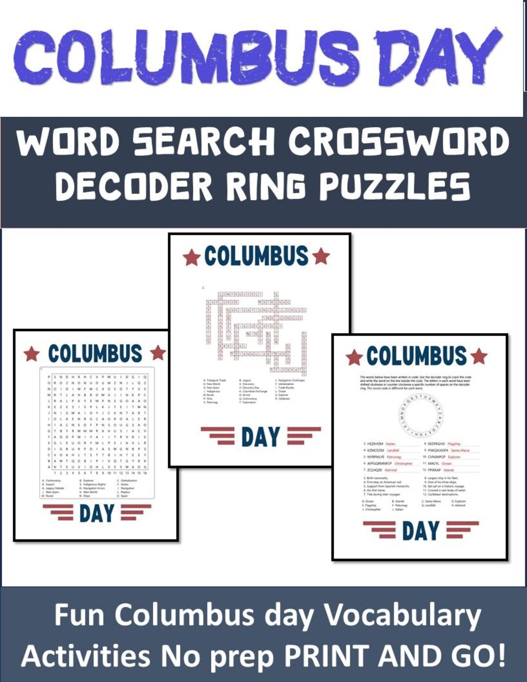 Christopher Columbus Word Search Columbus Day Crossword Columbus Day Decoding Ring Vocabulary And Spelling Puzzles Instant Download Etsy