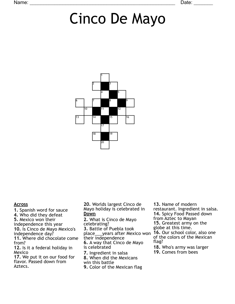 Cinco De Mayo Crossword Puzzle Printable