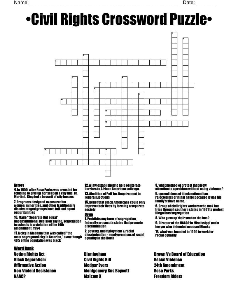 Civil Rights Crossword Puzzle WordMint