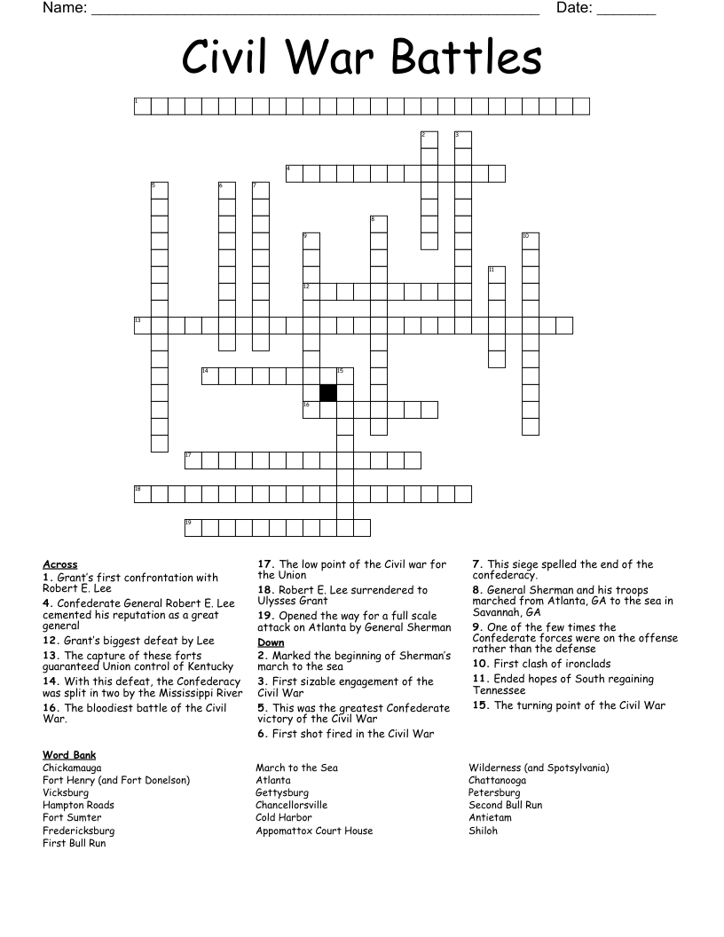 Civil War Battles Crossword WordMint Civil War Battles Crossword WordMint