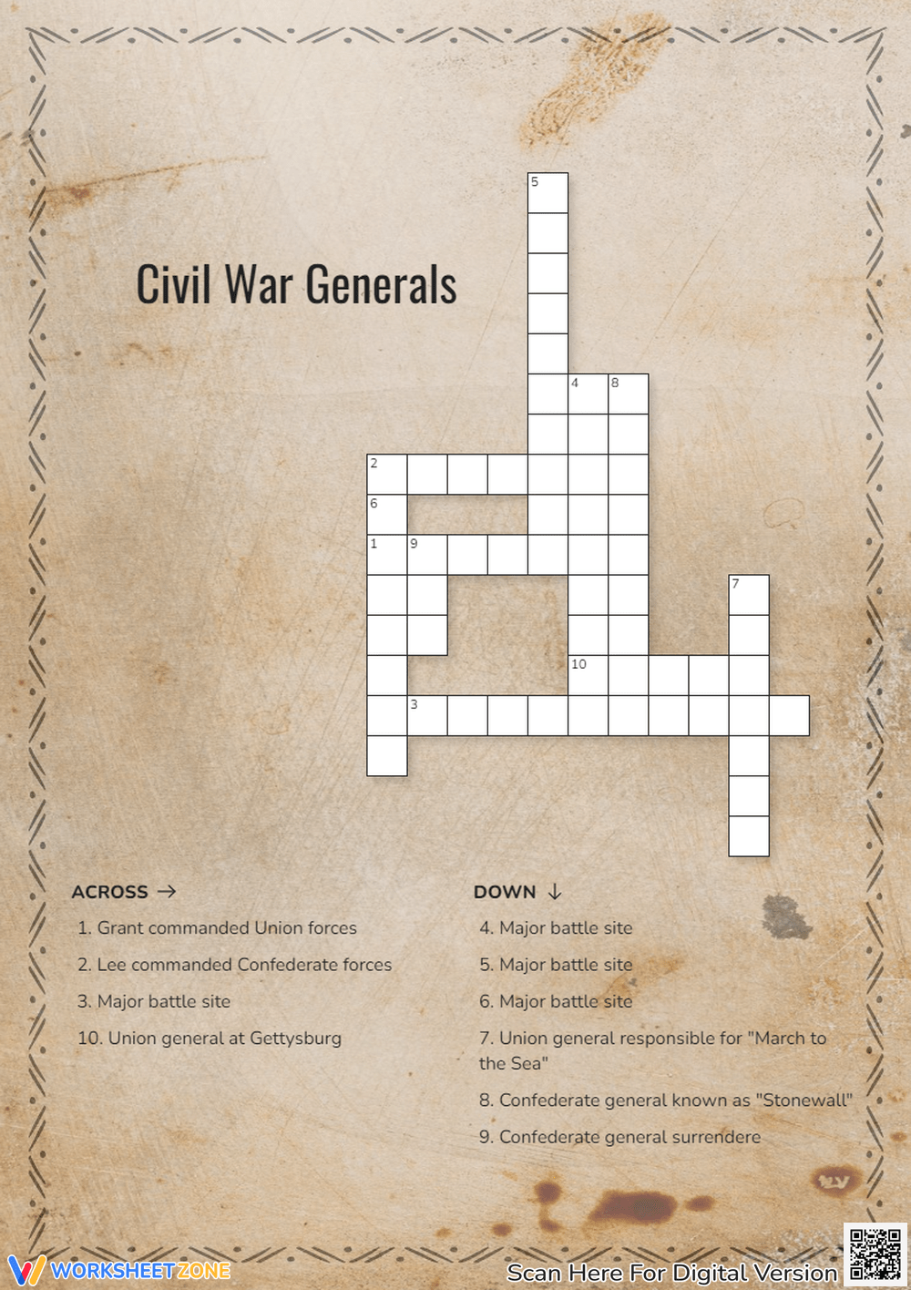 Civil War Crossword Puzzle Worksheets 2025