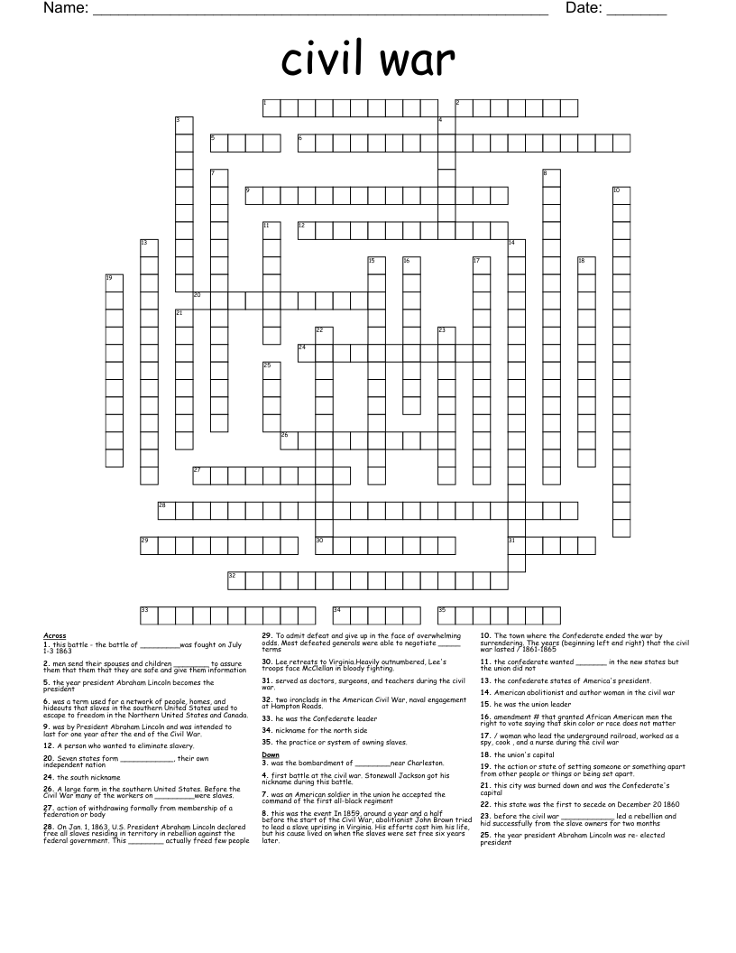 Civil War Crossword WordMint