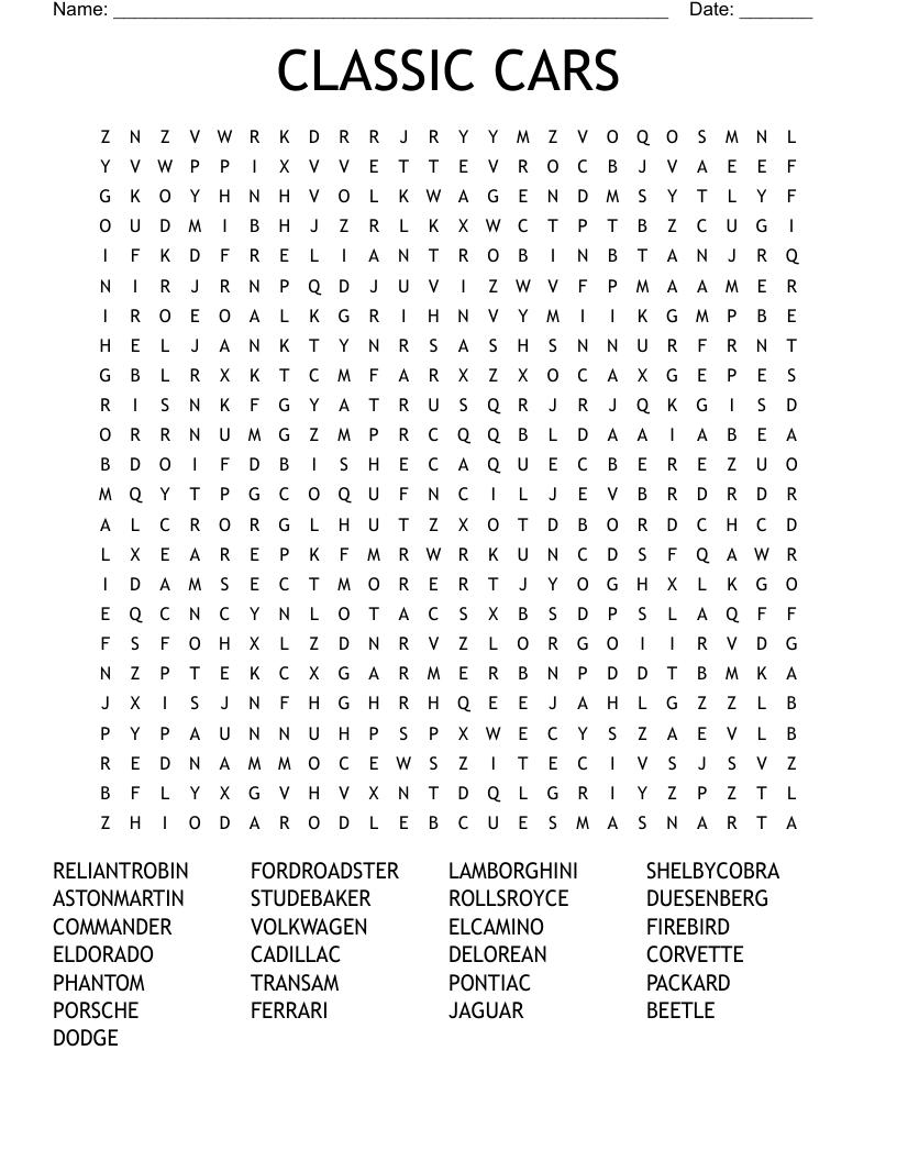 CLASSIC CARS Word Search WordMint