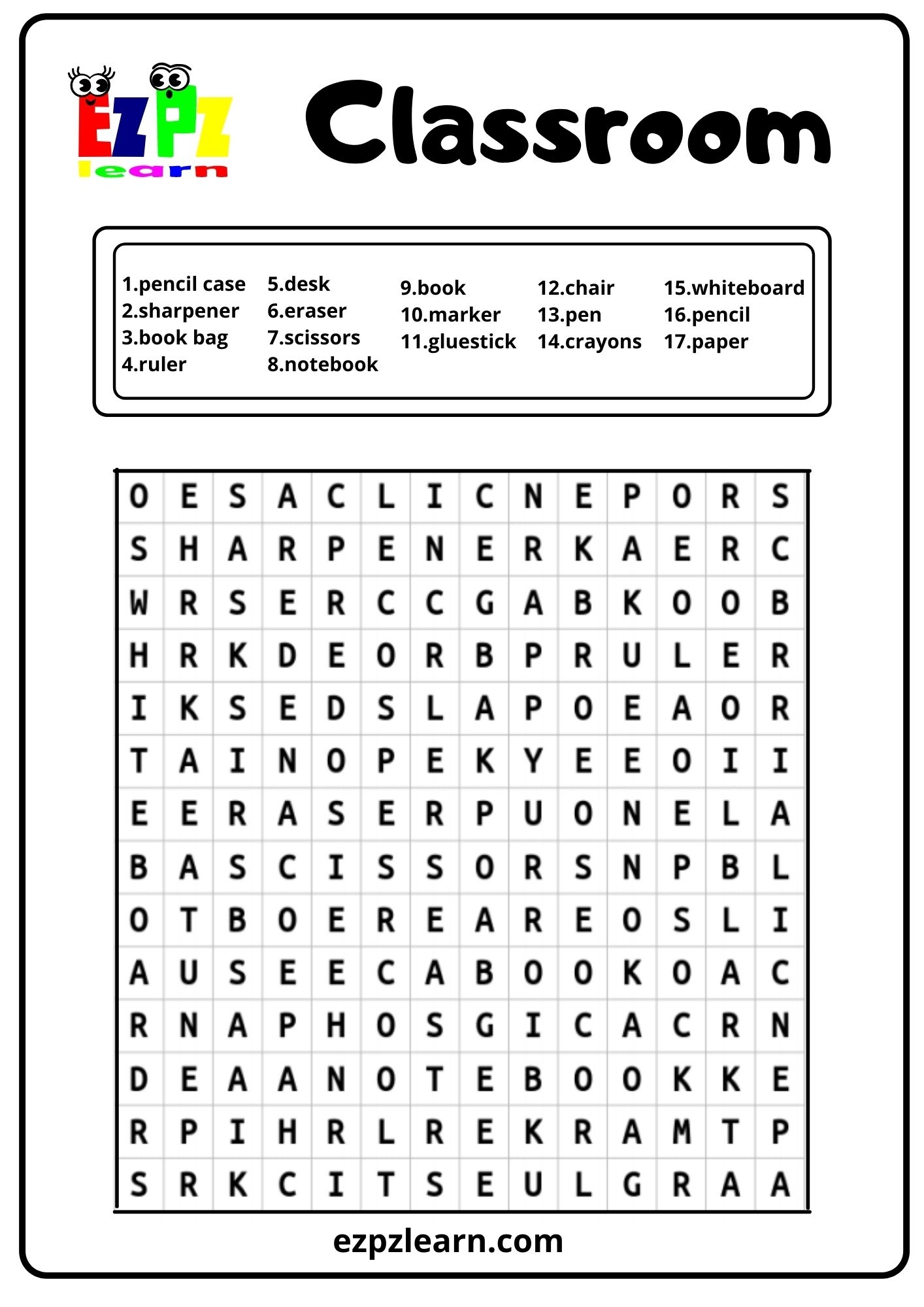 Classroom Objects Word Search Ezpzlearn