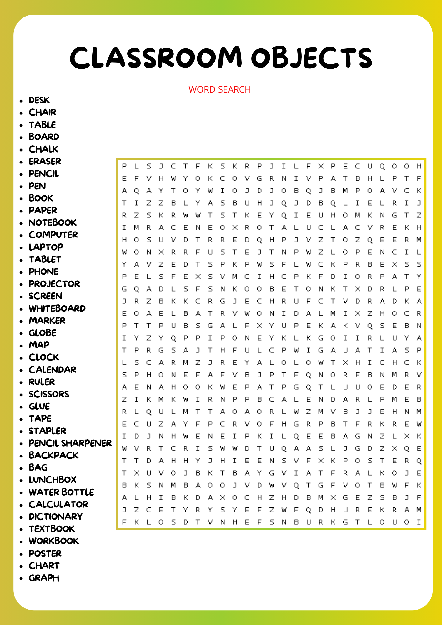 CLASSROOM OBJECTS WORD SEARCH PUZZLE WORKSHEET ACTIVITY