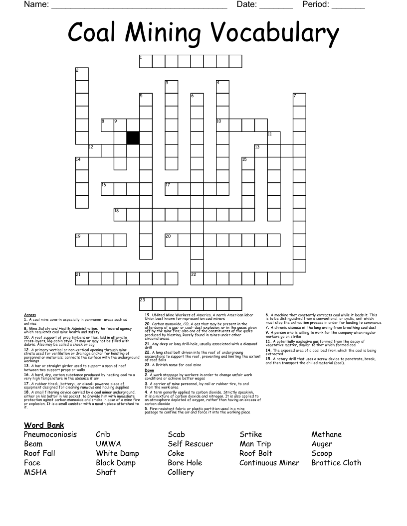 Coal Mining Vocabulary Crossword WordMint Coal Mining Vocabulary Crossword WordMint