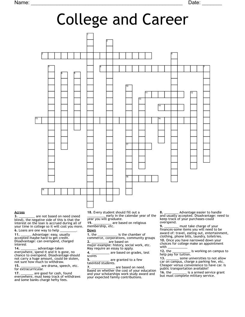 College And Career Crossword WordMint