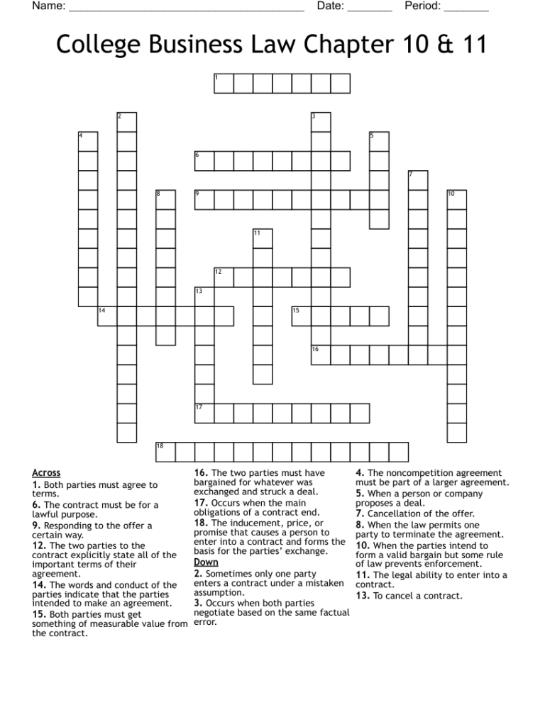 College Business Law Chapter 10 U0026 11 Crossword WordMint