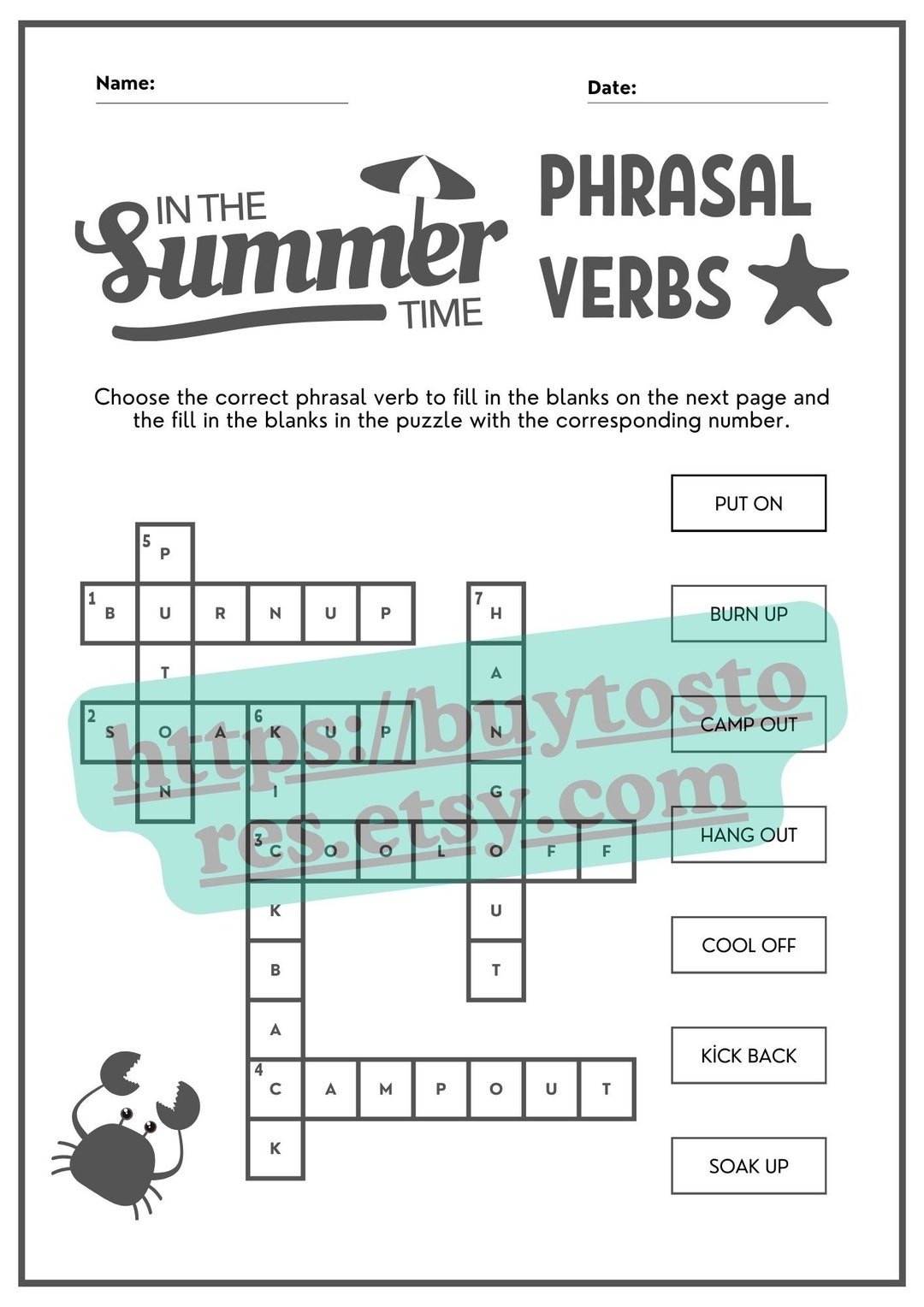 Color And Greyscale Summer Phrasal Verbs Crossword Puzzle Printable Worksheet Etsy