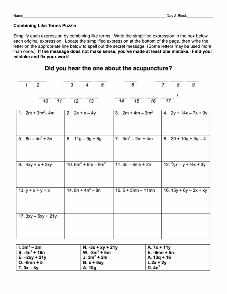 Combining Like Terms Puzzle Worksheet