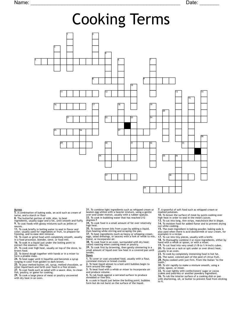 Cooking Terms Crossword WordMint