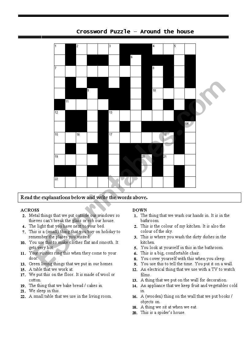 Crossword Puzzle around The House ESL Worksheet By Ebcesu