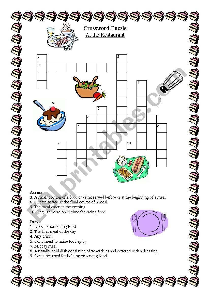 Crossword Puzzle At The Restaurant ESL Worksheet By Clary22