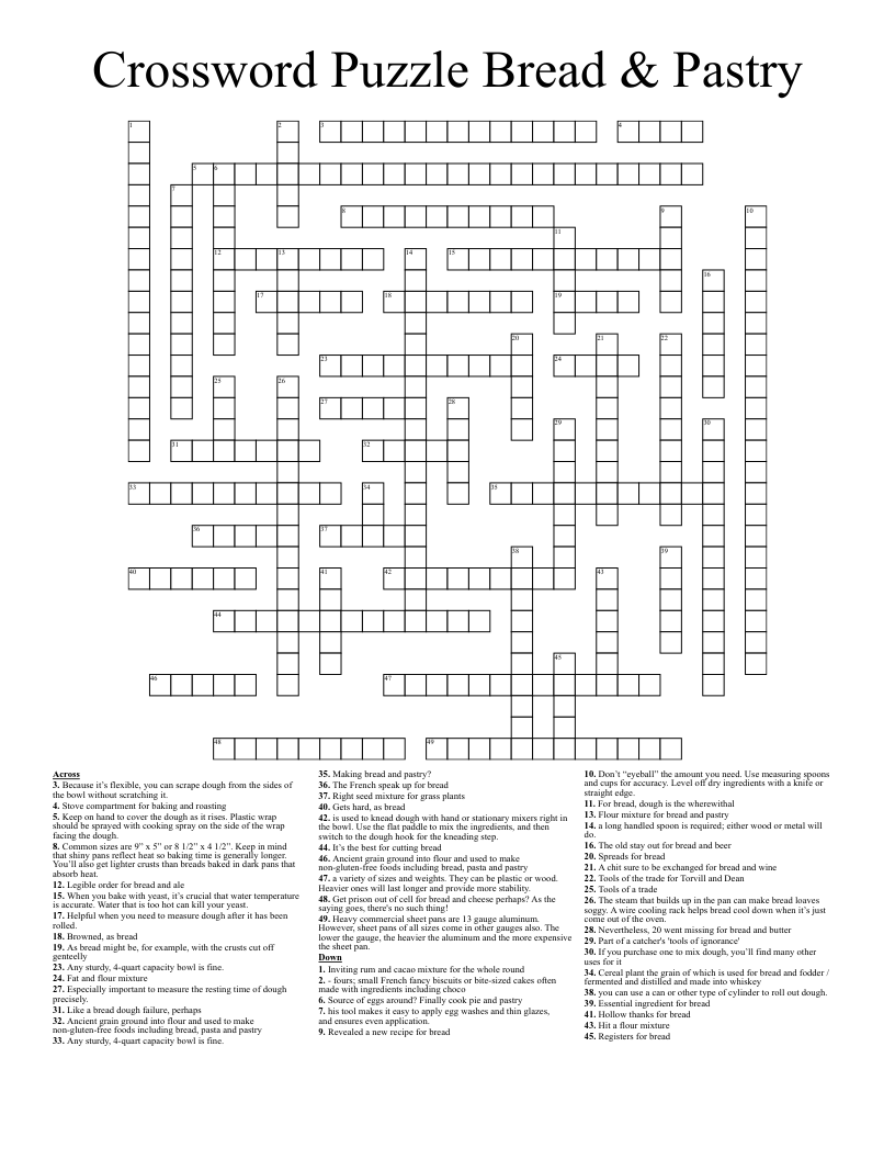 Bakery Crossword Puzzle Printable