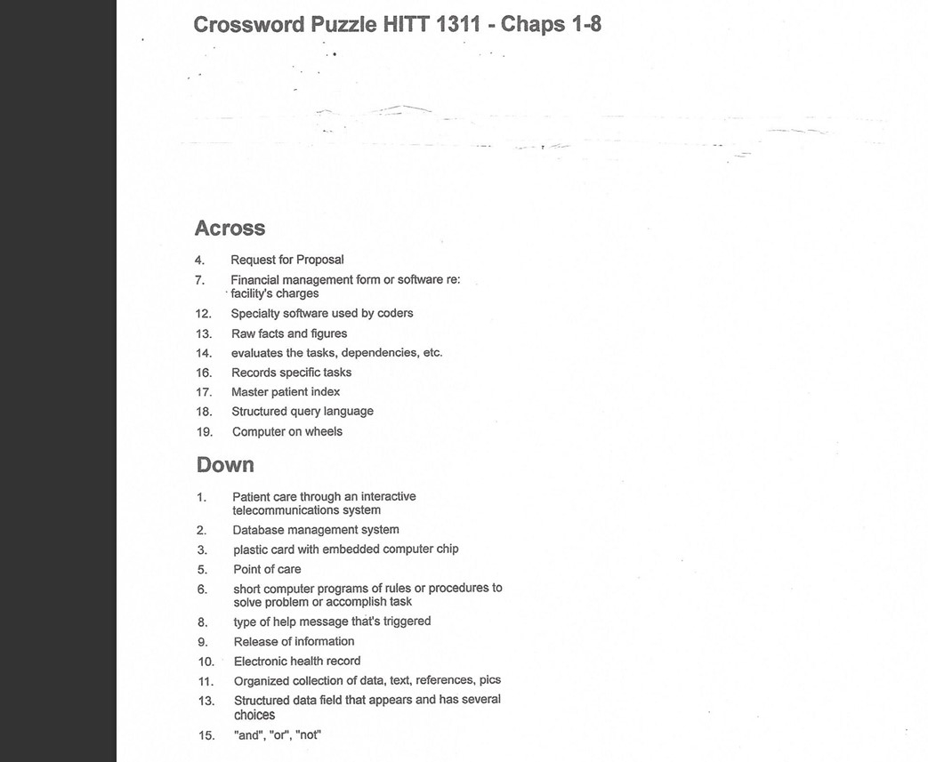 Crossword Puzzle HITT 1311 Chaps 1 8 Across 4 Request For Proposal 7 Financial Management Form