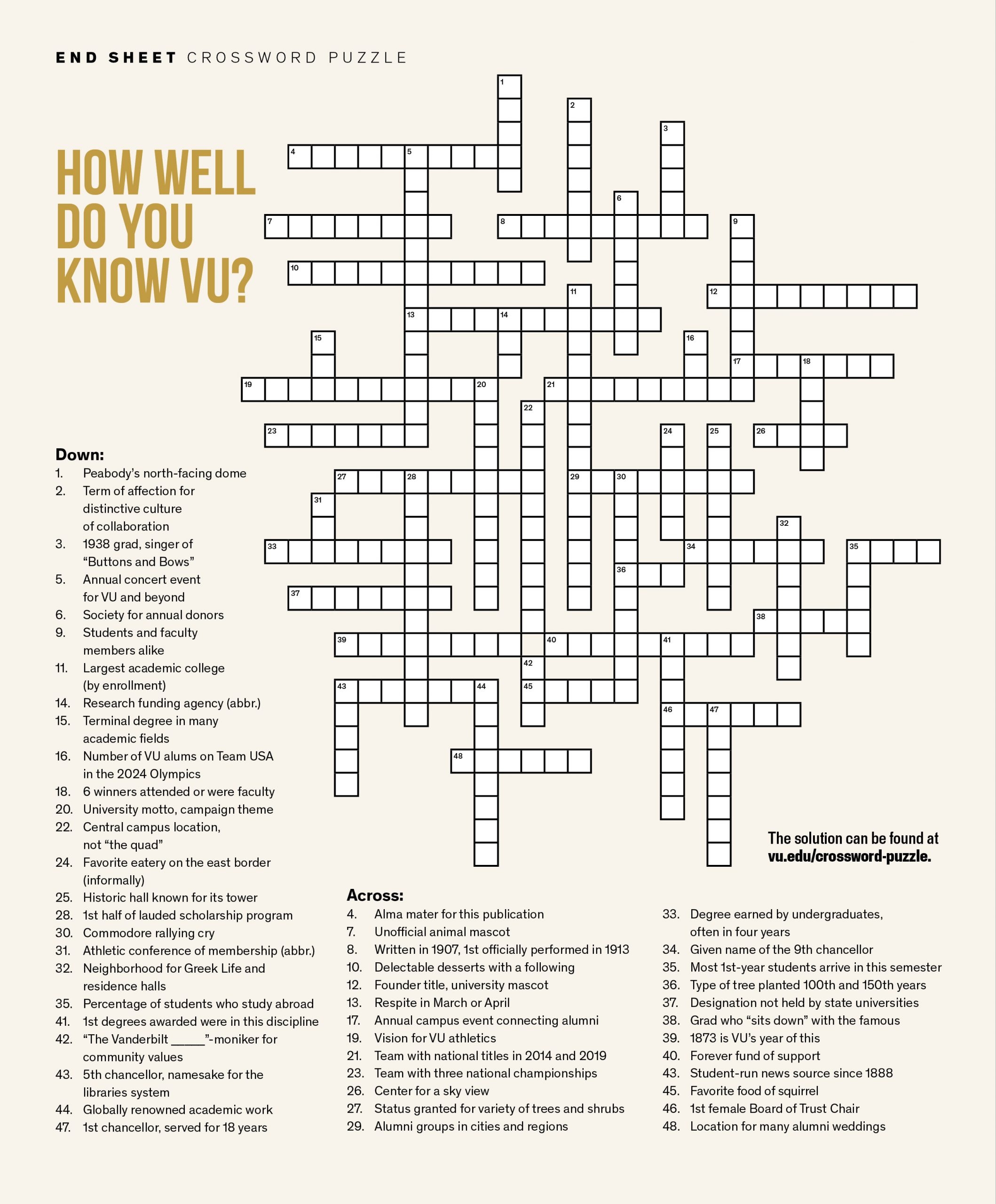 Crossword Puzzle How Well Do You Know VU Vanderbilt University