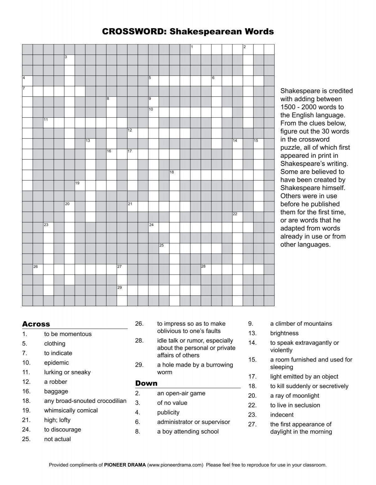 Crossword Puzzle Shakespearean Words Crossword Puzzle Shakespearean Words
