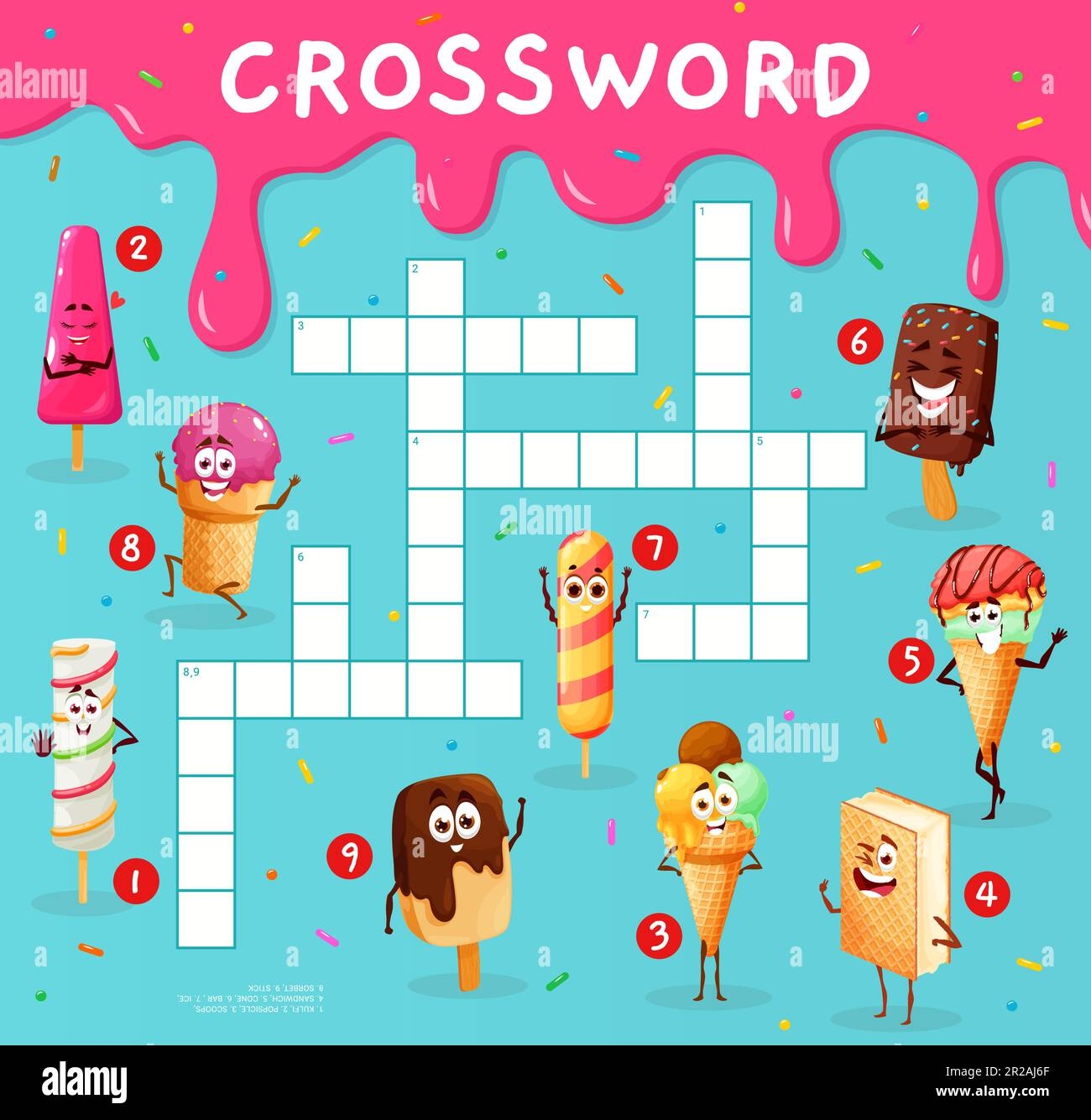 Crossword Quiz Game Grid Cartoon Funny Ice Cream Dessert 