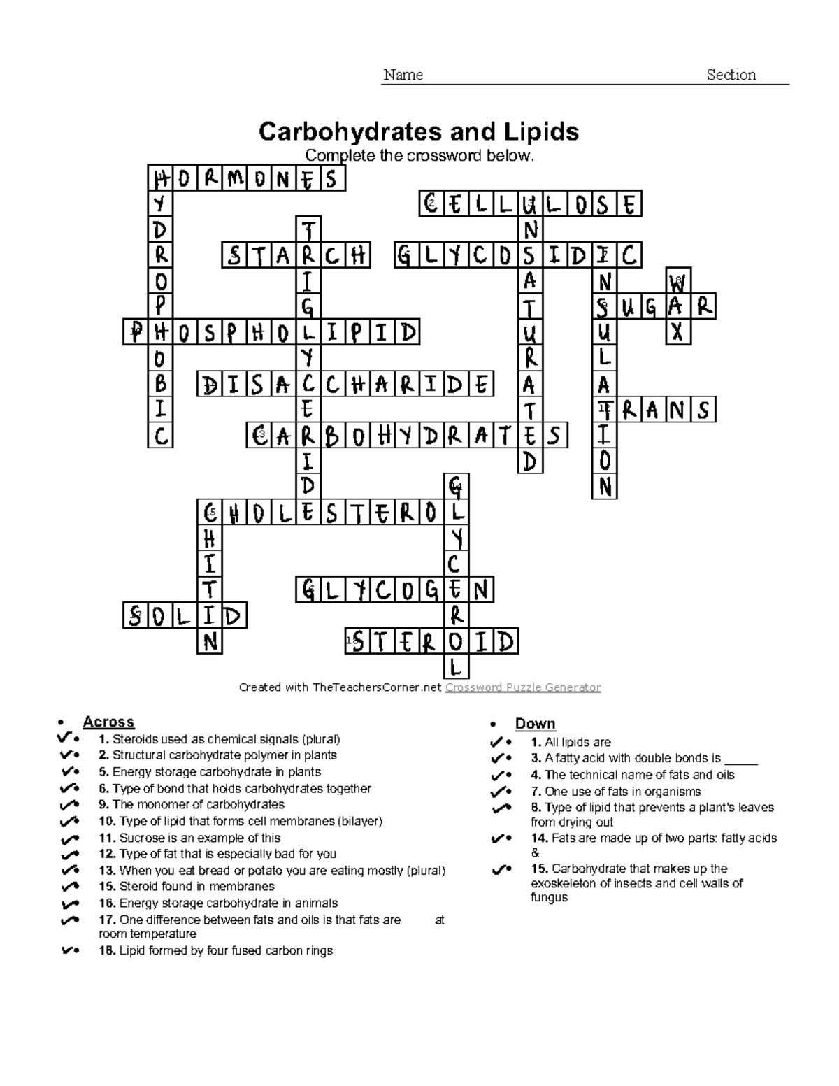 Crossword Single Name Section Carbohydrates And Lipids Complete 
