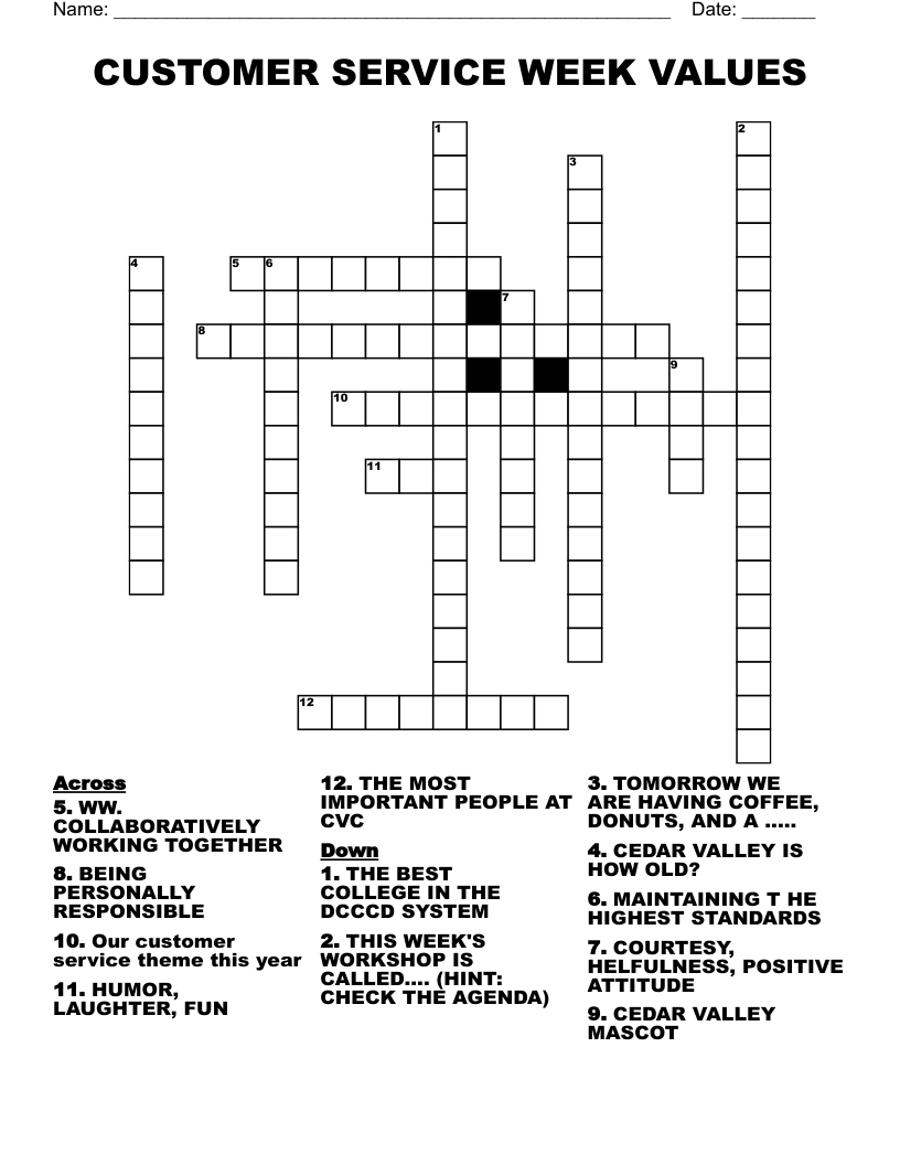 CUSTOMER SERVICE WEEK VALUES Crossword WordMint