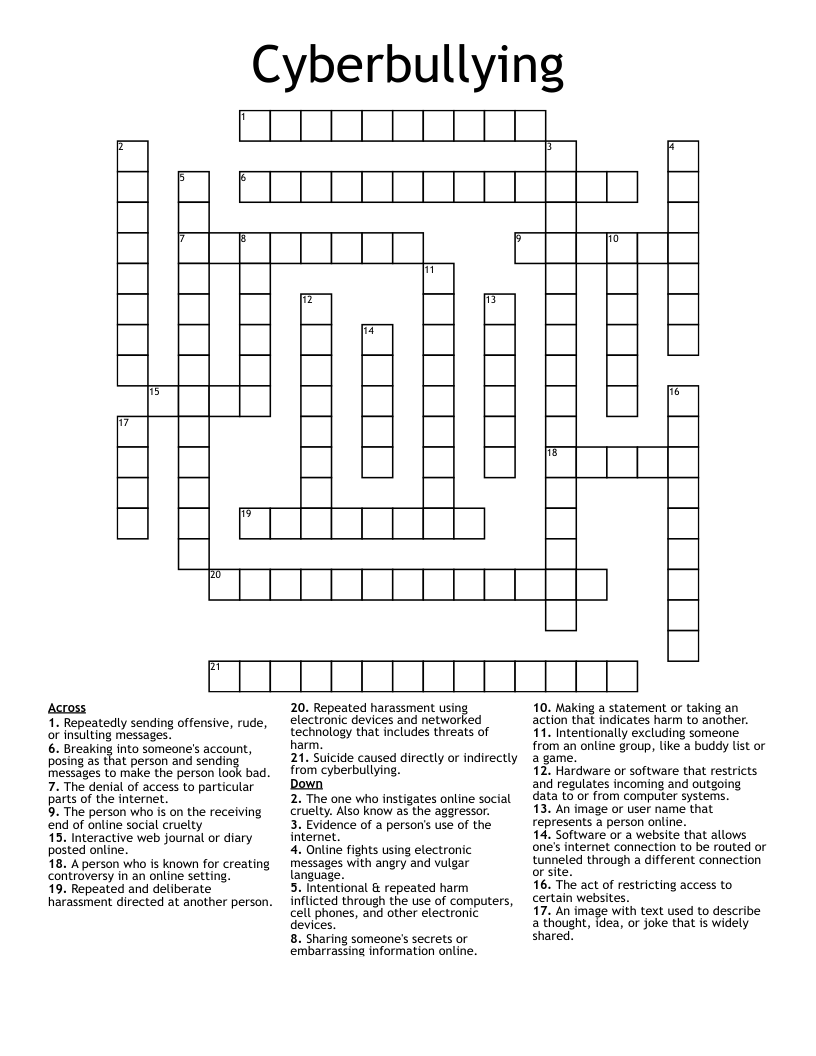 Cyberbullying Crossword WordMint Cyberbullying Crossword WordMint