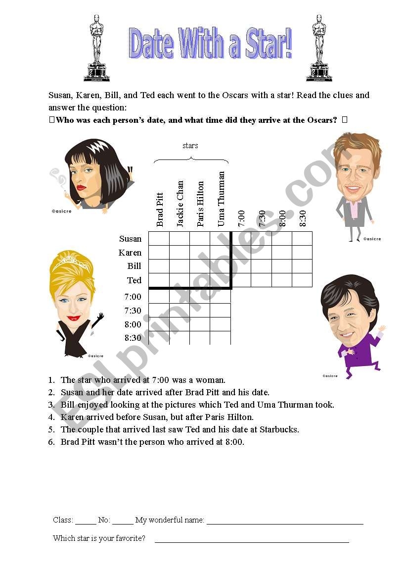 Date With A Star Logic Puzzle ESL Worksheet By Tsukarechatta Date With A Star Logic Puzzle ESL Worksheet By Tsukarechatta